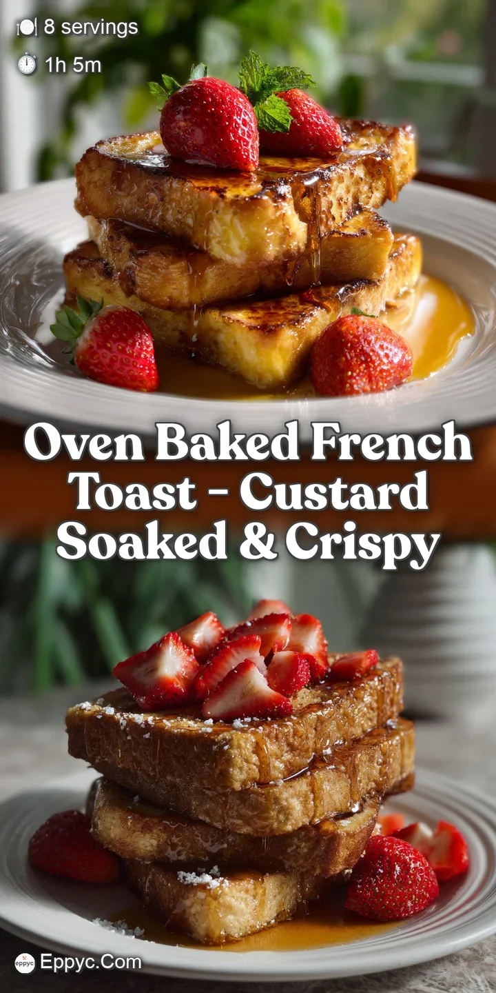 Close-up of oven-baked French toast, showcasing a warm, inviting texture with a glistening pecan crust and delicious amber...