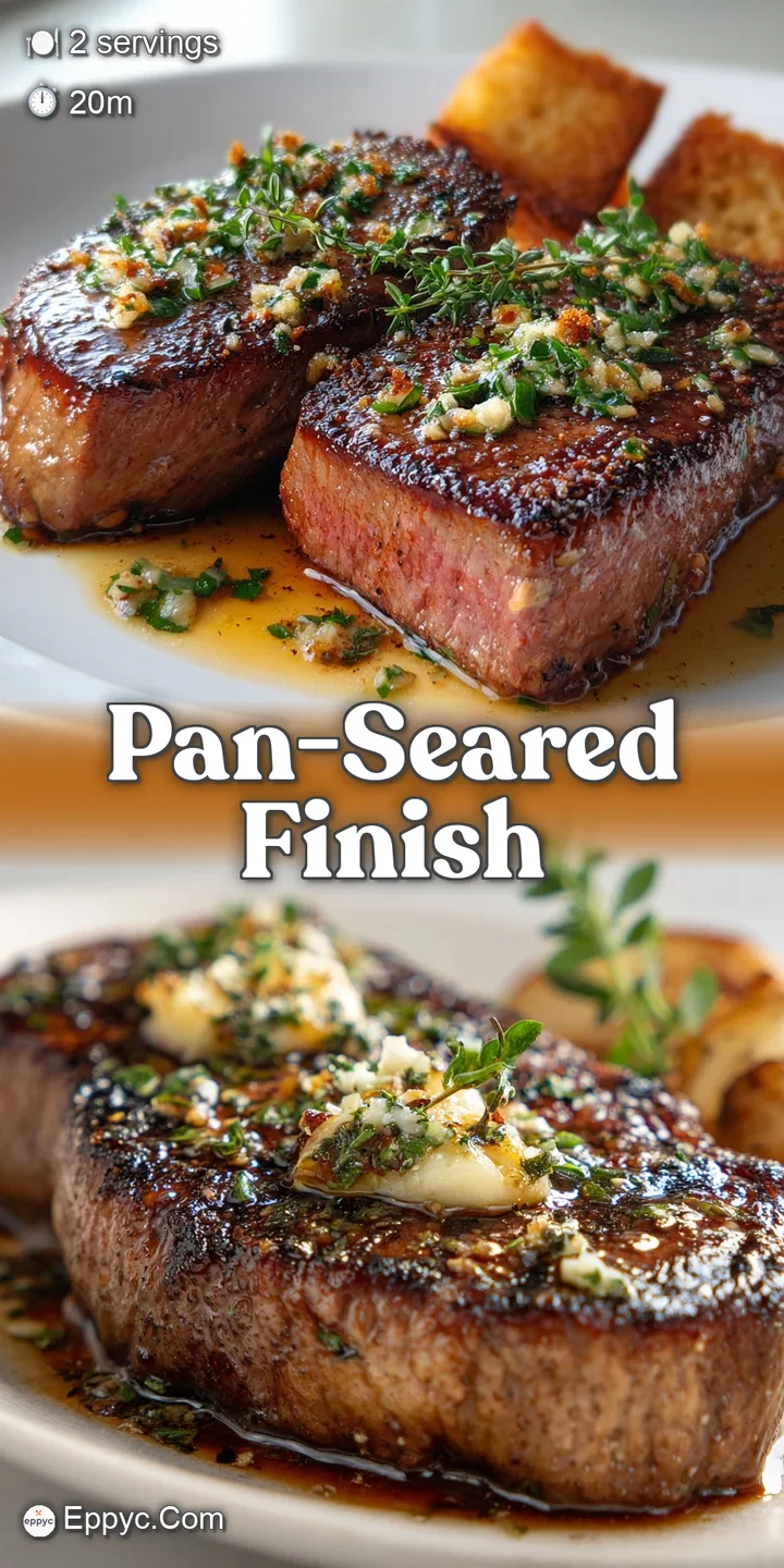 Close-up shot of steak covered in herbs, garlic butter melting into the browned sear, hinting at the richness of the steak.