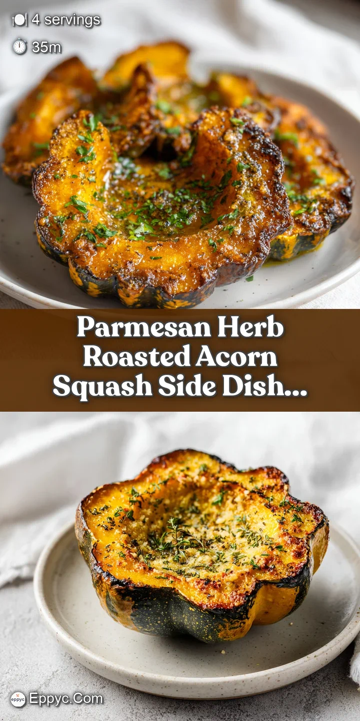 Close-up of parmesan herb roasted acorn squash; caramelized edges, visible parmesan flecks, and bright green herbs create ...