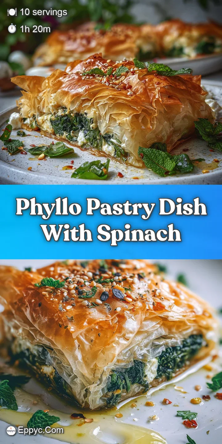 Up-close view of crispy, layered phyllo pastry, showcasing a vibrant green spinach filling. Edges are golden brown, flaky ...