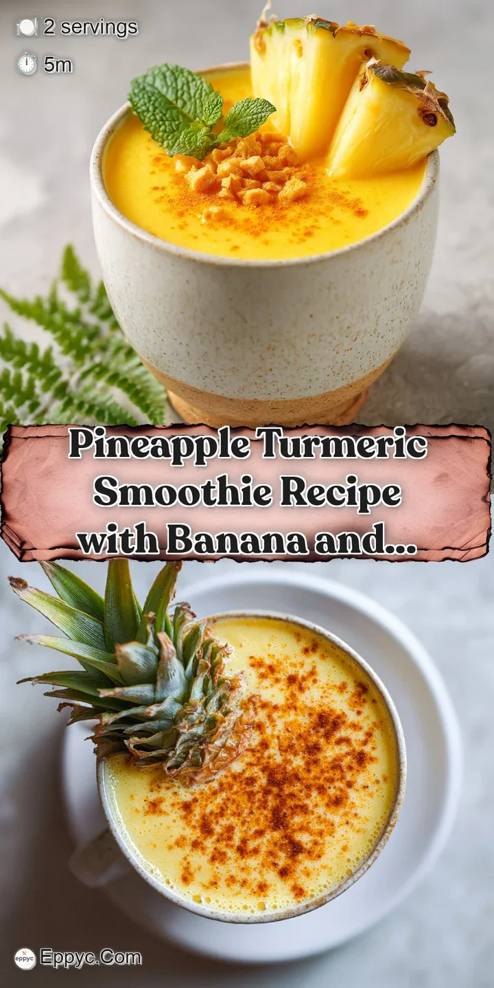 Close-up of a creamy, bright yellow pineapple turmeric smoothie. Swirls of blended fruit and spices visible. Refreshing an...