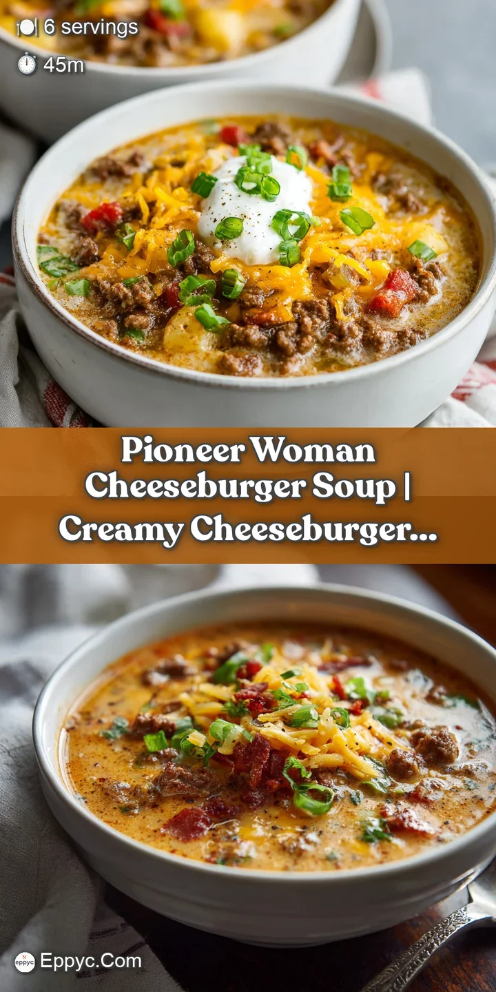 Close-up of creamy cheeseburger soup with visible chunks of potato, beef, and melted cheddar.