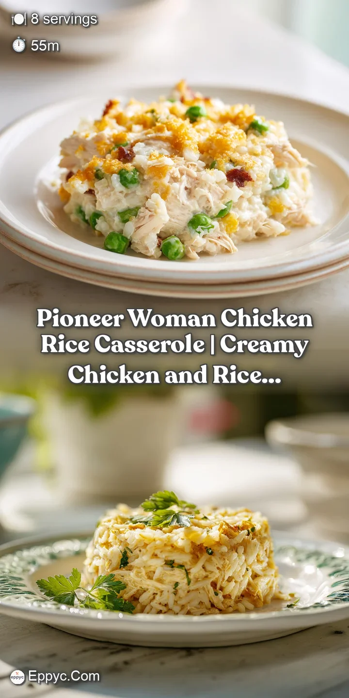 Close-up of tender chicken pieces and fluffy rice in a rich, creamy sauce, topped with golden cheese.