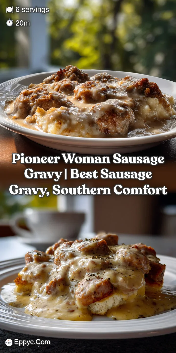 Close-up of a steaming spoonful of gravy, revealing a rich, creamy texture and savory pieces of sausage. Hints of pepper a...