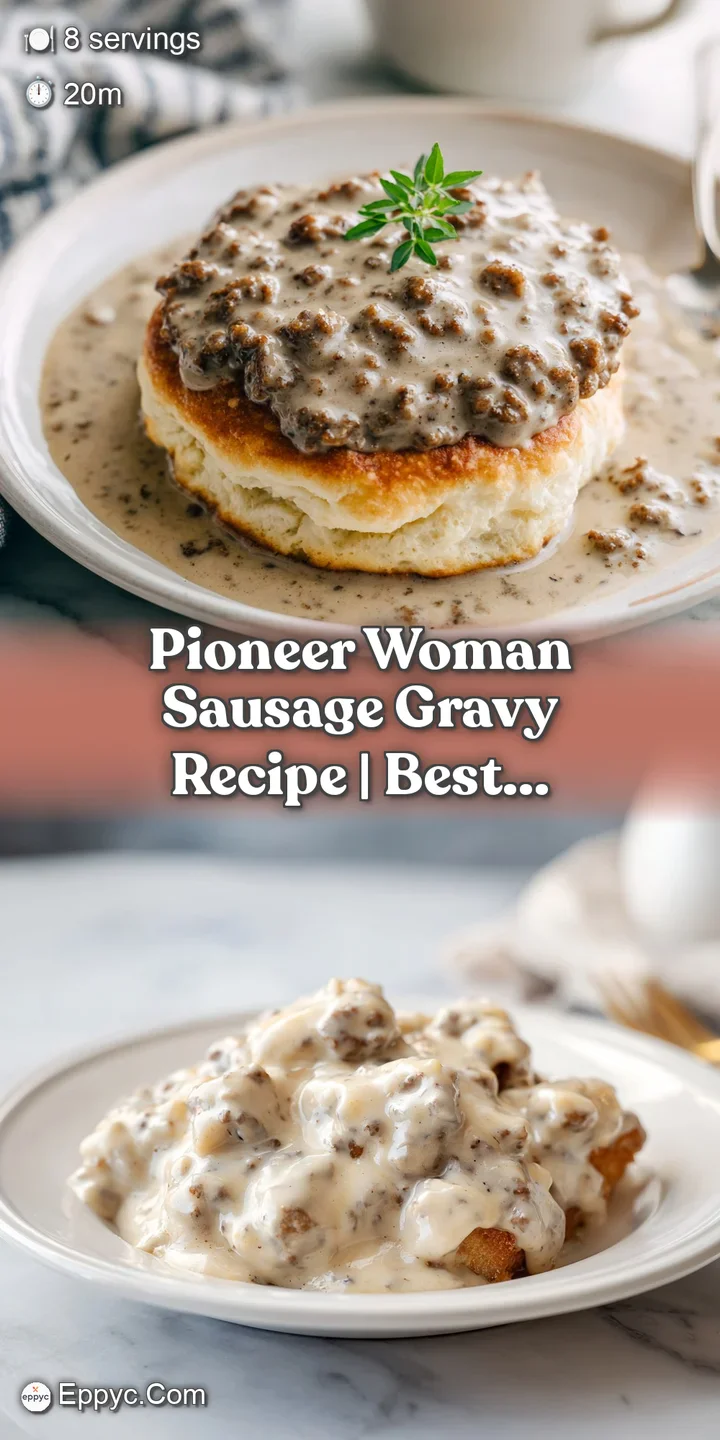 Close-up of thick, luscious white sausage gravy with rustic brown sausage crumbles, glistening slightly.