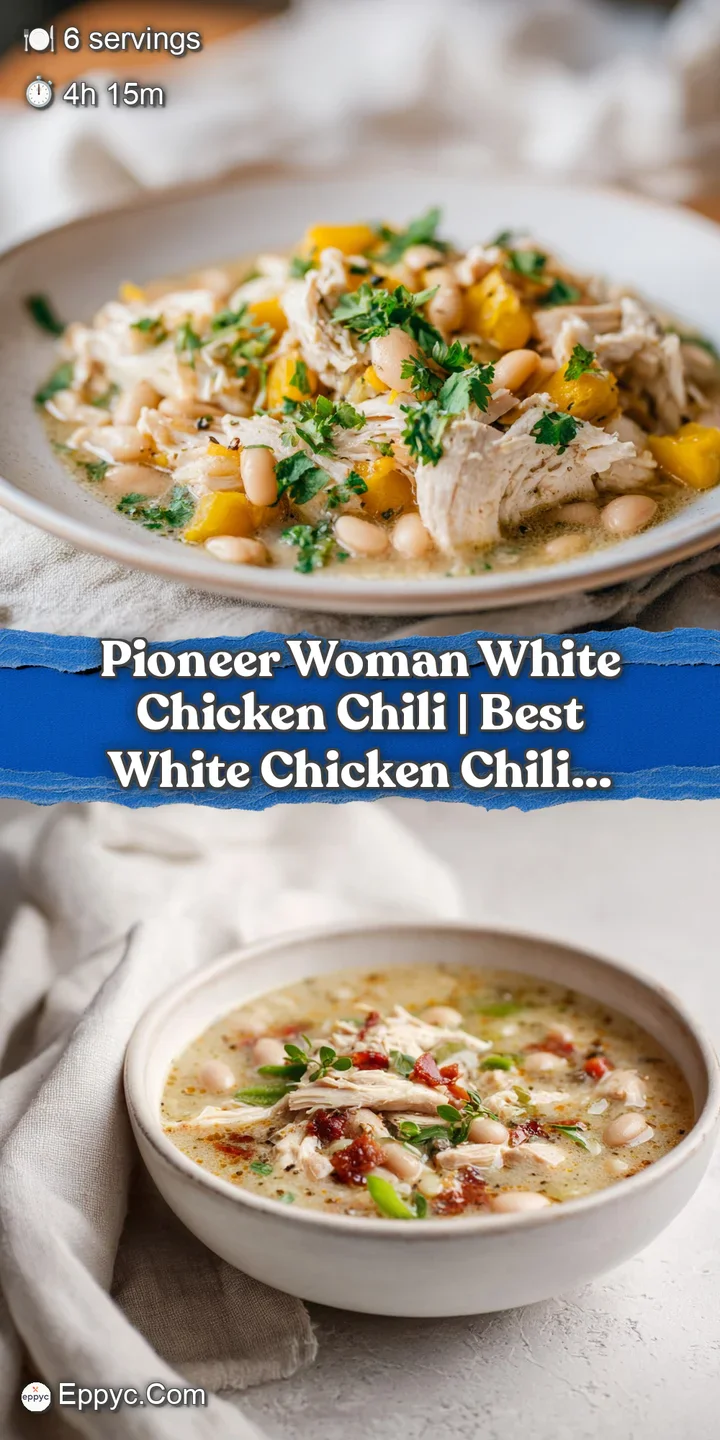 Close-up of creamy white chicken chili, showcasing tender shredded chicken, plump white beans, and a garnish of fresh gree...