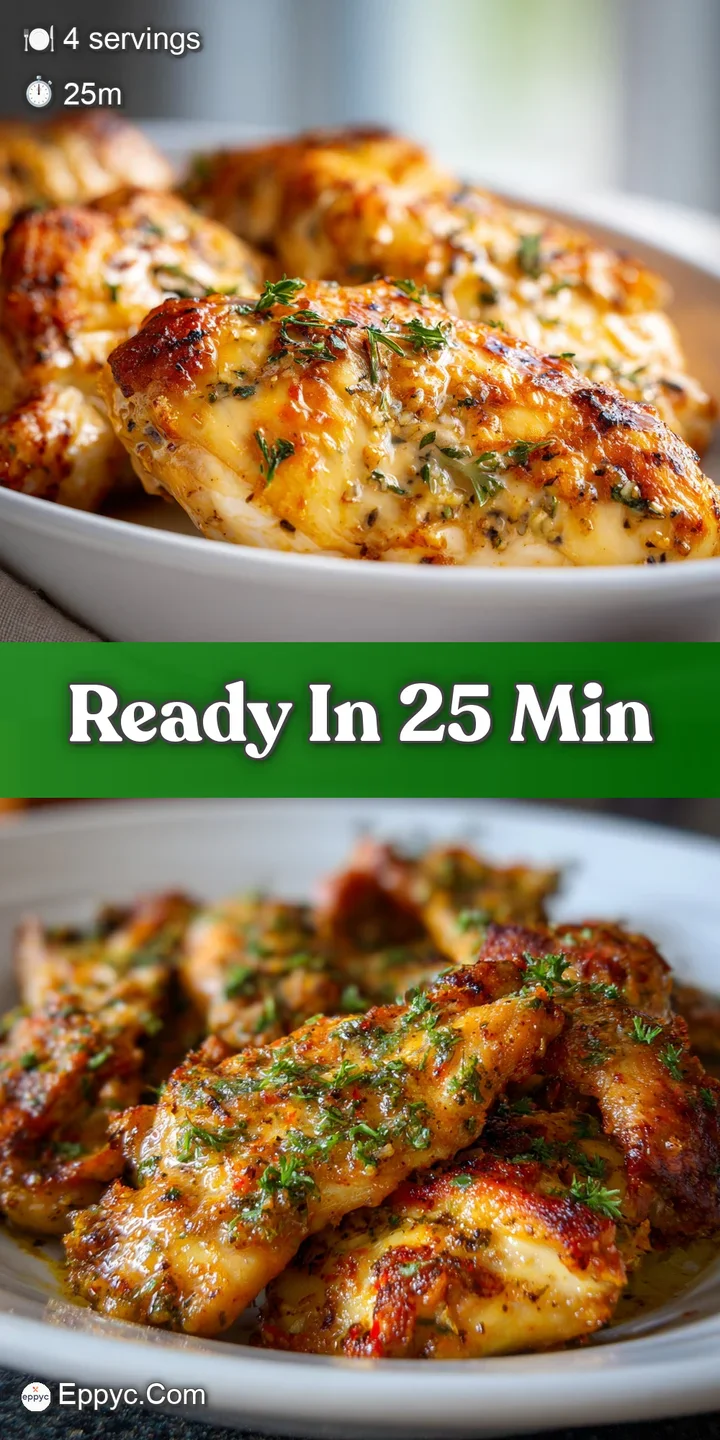 Shiny, juicy garlic chicken with browned edges. The sun-dried tomatoes glisten, paired with vibrant green florets of tende...