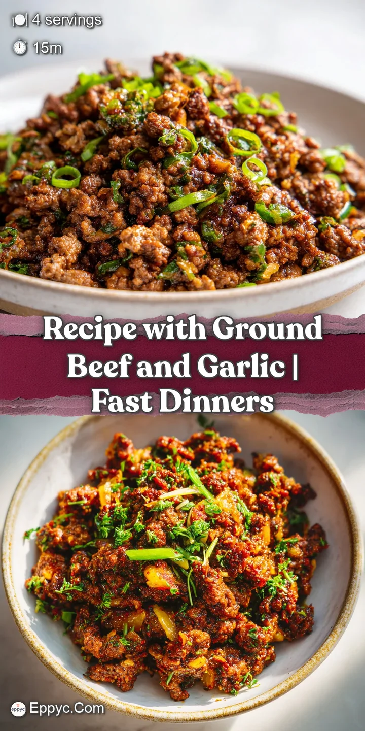 Close-up of savory ground beef showing juicy, browned bits and fragrant garlic. Hints of tomato sauce and herbs create an ...