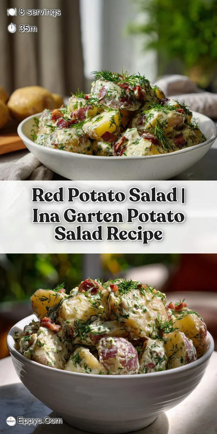 Close-up of red potato salad: tender potatoes coated in creamy dressing, punctuated with pops of green herbs and crispy ce...