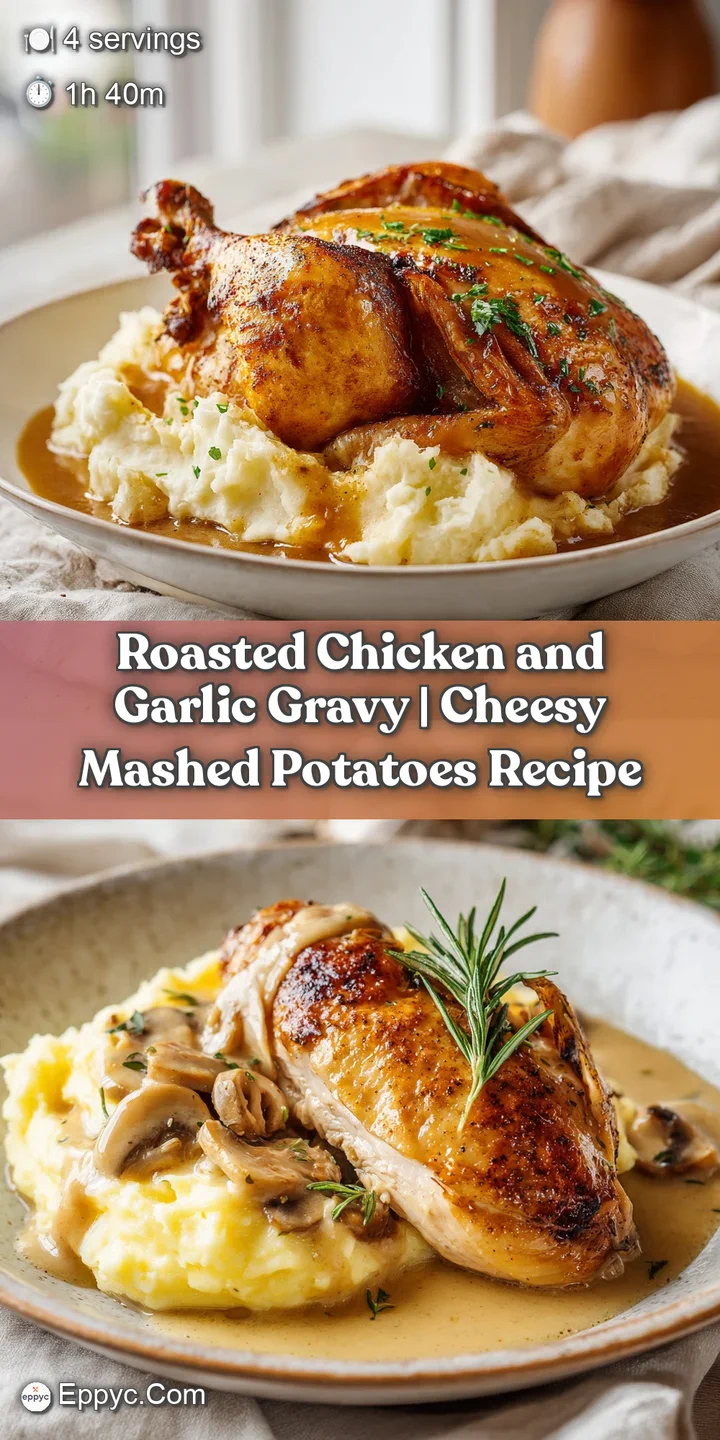 A mouthwatering close-up of tender chicken, a dollop of steaming, cheesy mashed potatoes, and savory gravy.