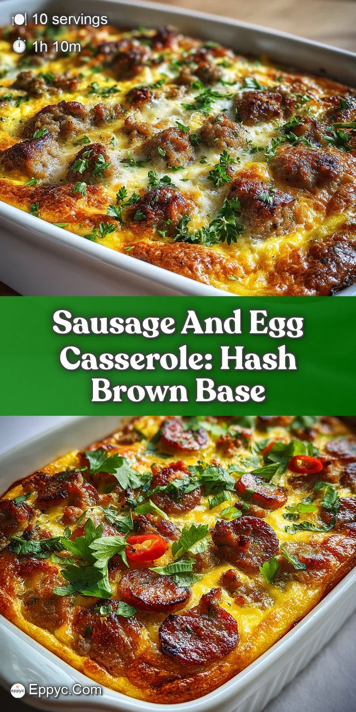 Close-up of a sausage & egg bake: Crispy browned edges, fluffy eggs, and melted cheese create a satisfying, delicious look...