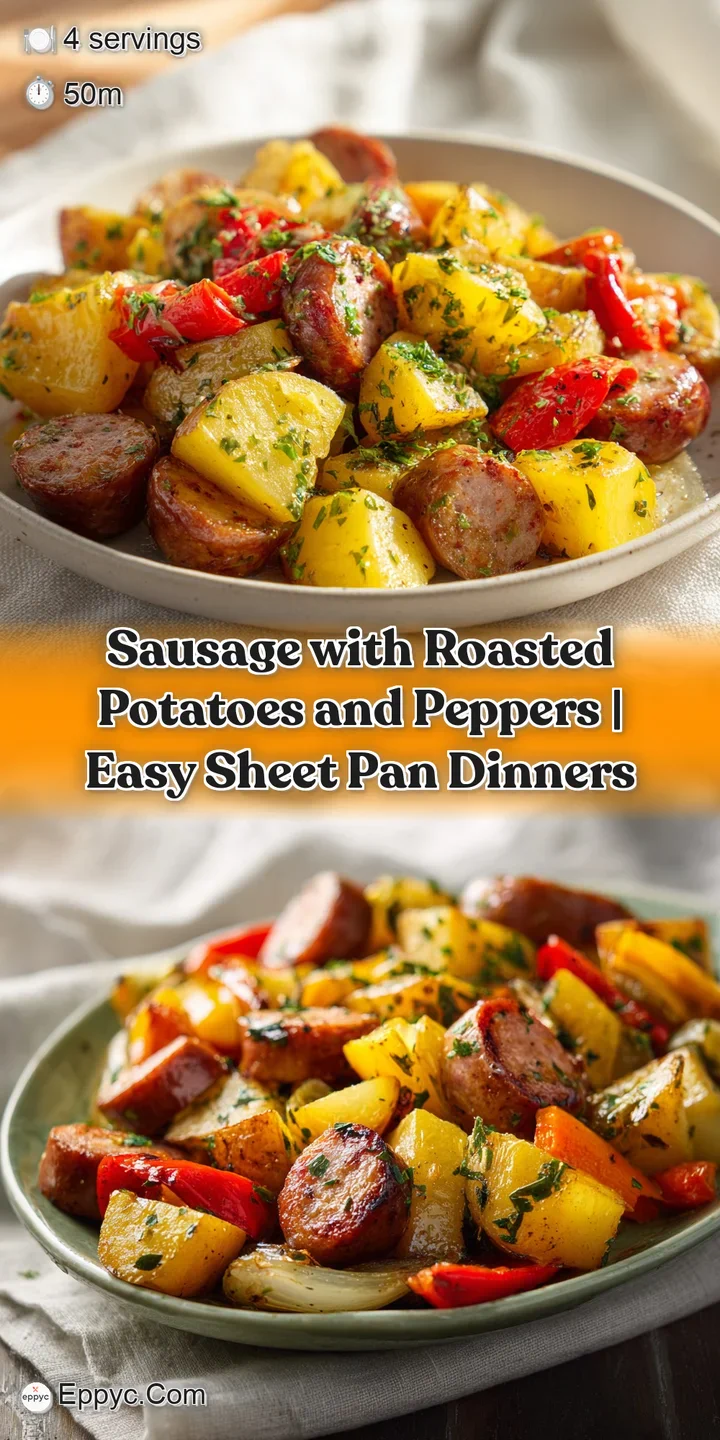 Juicy, browned sausage with charred edges, surrounded by soft, tender roasted potato wedges and bright, slightly carameliz...