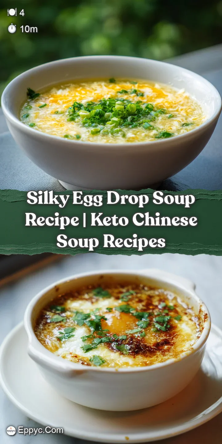 Close-up of velvety ribbons of cooked egg suspended in a glistening, pale yellow broth, hinting at comforting warmth.