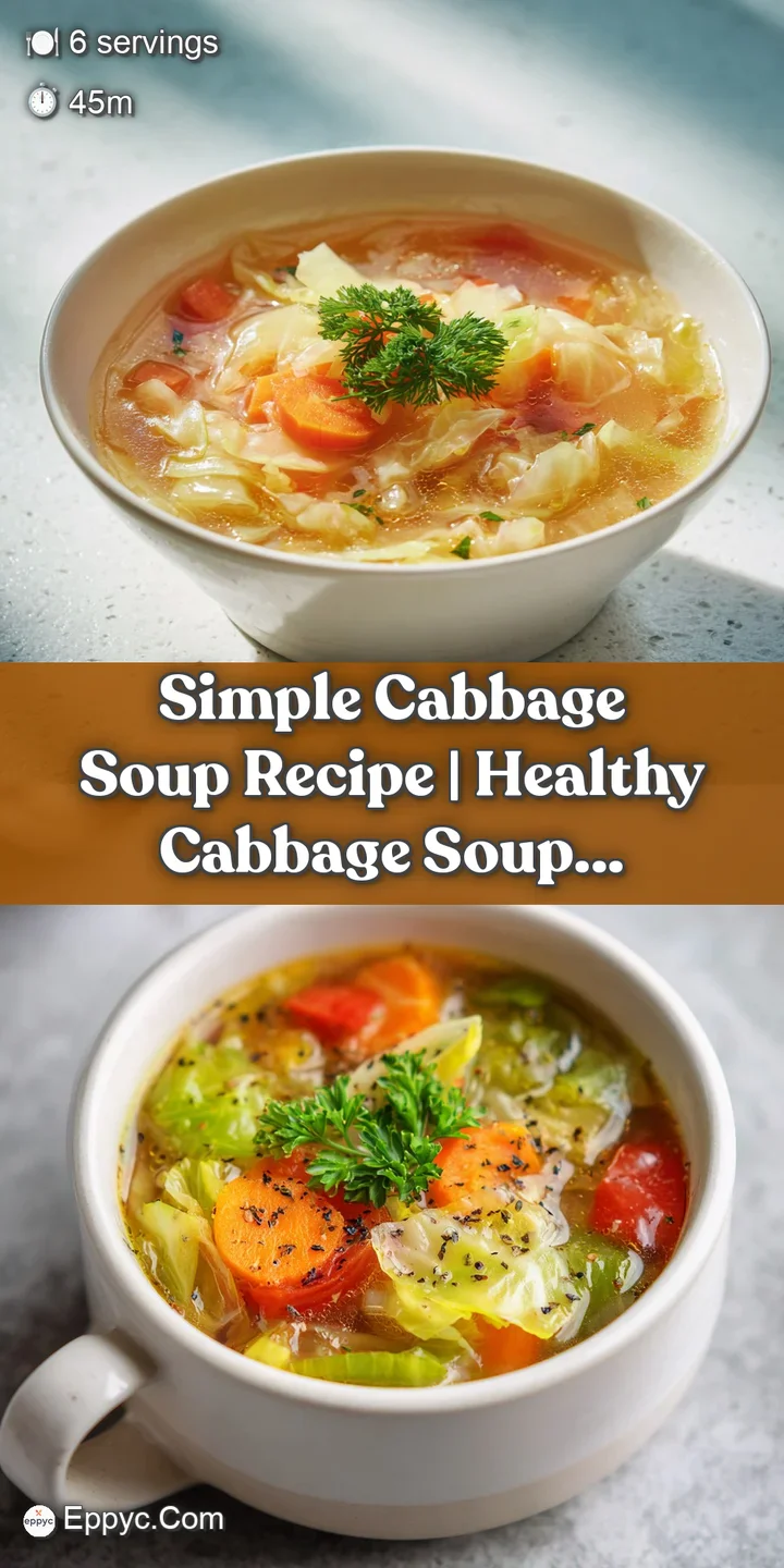 Close-up of homemade cabbage soup featuring soft cabbage, bright orange carrots, and glistening broth with flecks of herbs.