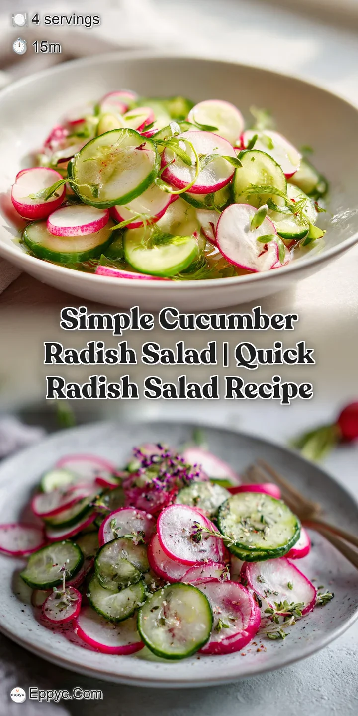 Close-up of a cucumber radish salad, glistening with a light dressing. Fresh dill and cracked pepper add pops of visual in...