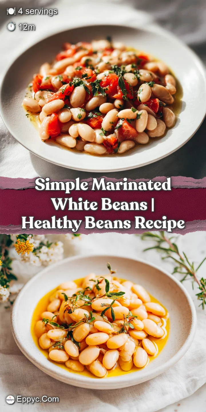 Close-up of shiny, plump white beans, infused with herbs and spices, glistening with olive oil. A delicious appetizer.