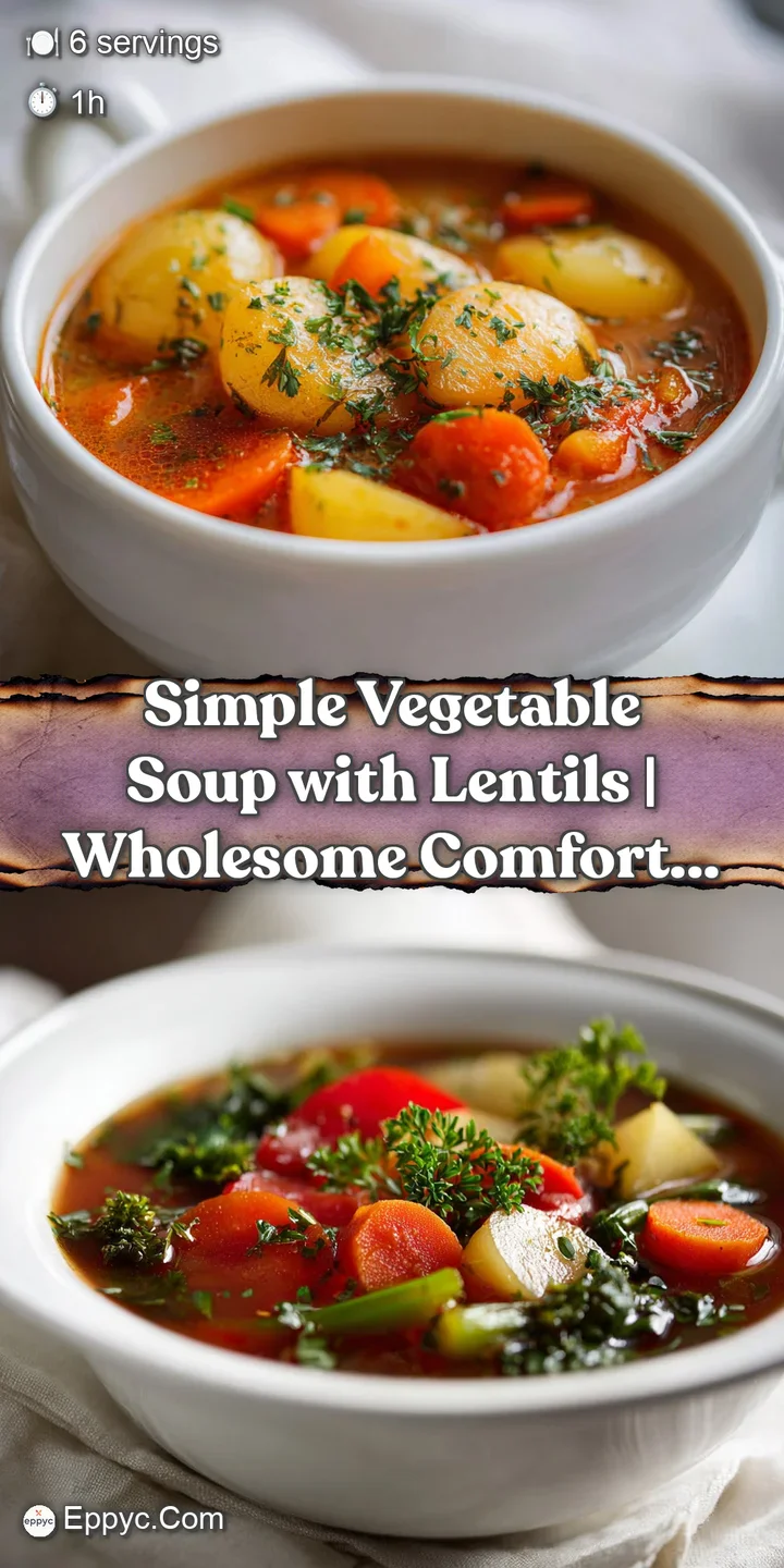 Close-up of rich, textured lentil soup with visible bits of colorful vegetables and herbs, promising warmth and comfort.
