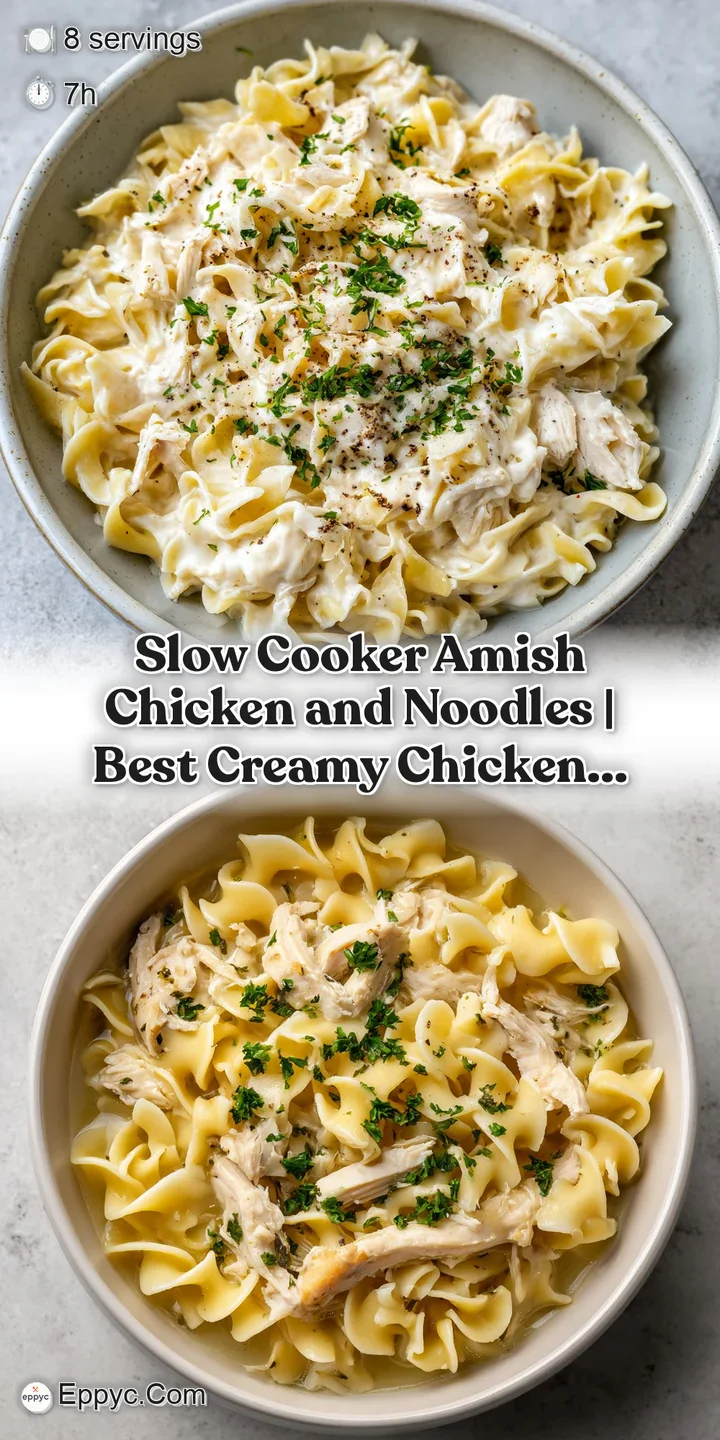 Close-up of tender shredded chicken nestled amongst soft, thick egg noodles in a steamy, savory broth.