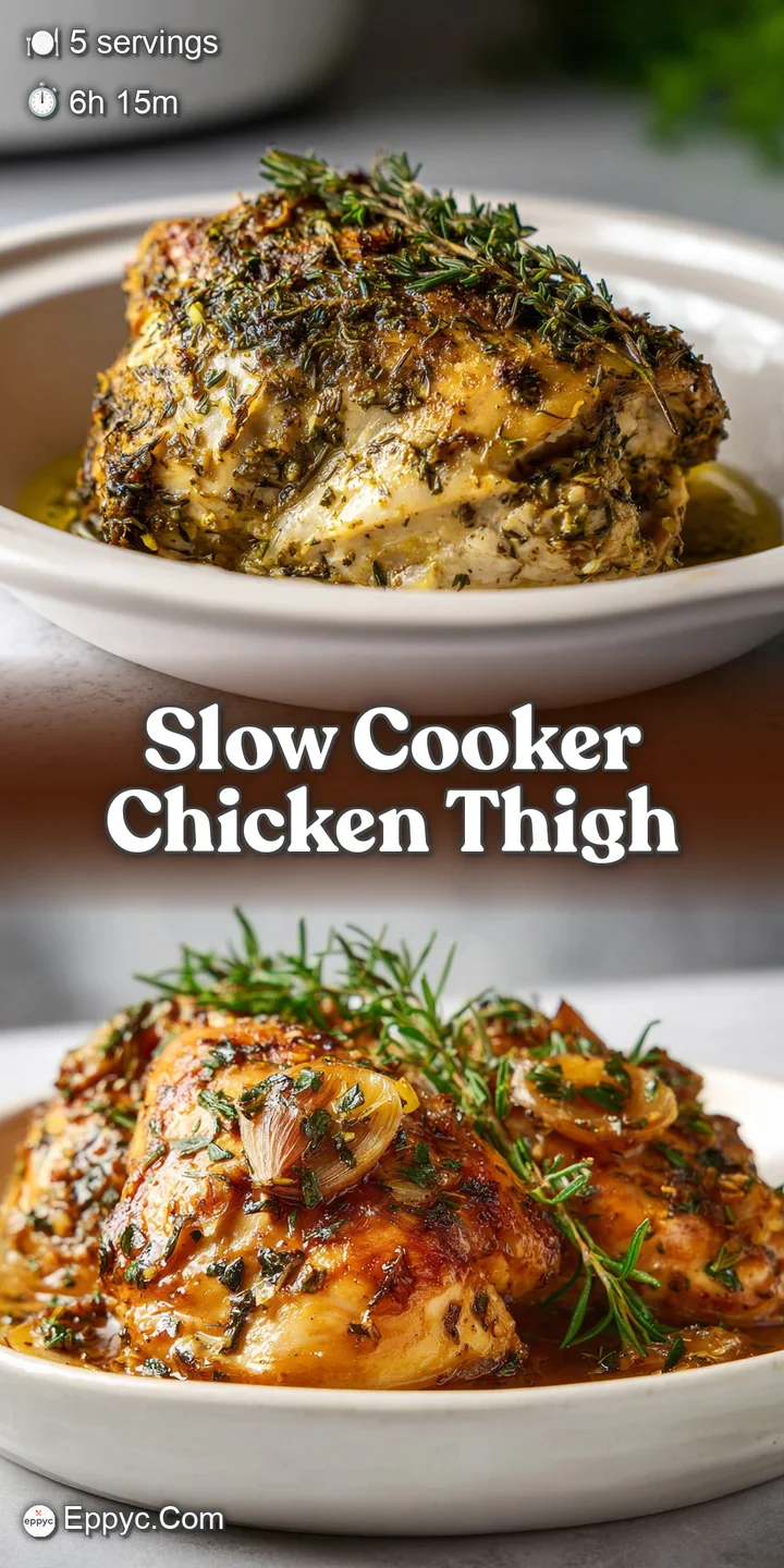 Close-up of a glistening, slow-cooked chicken thigh with aromatic herbs. Soft, fall-off-the-bone texture invites a savory ...