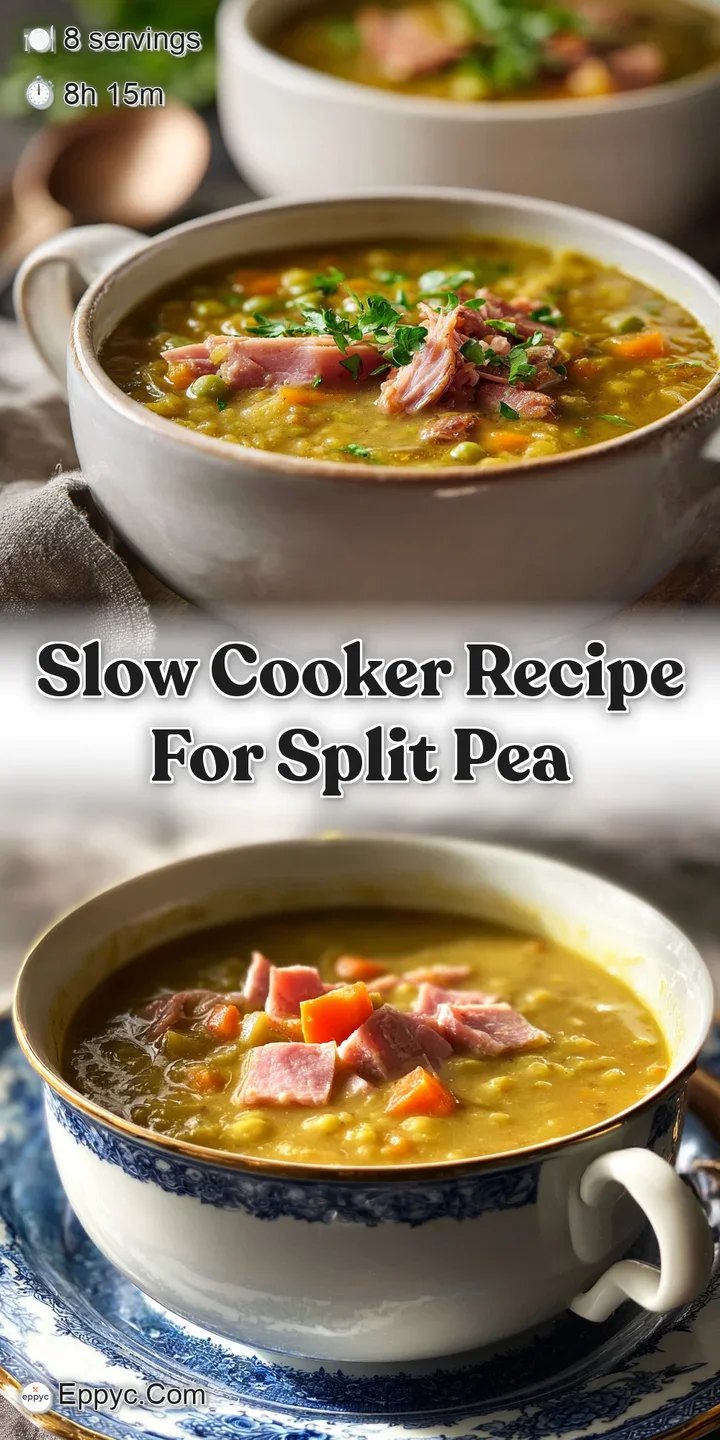 Close-up of creamy split pea soup, showcasing the rich texture and visible flecks of seasonings and herbs.