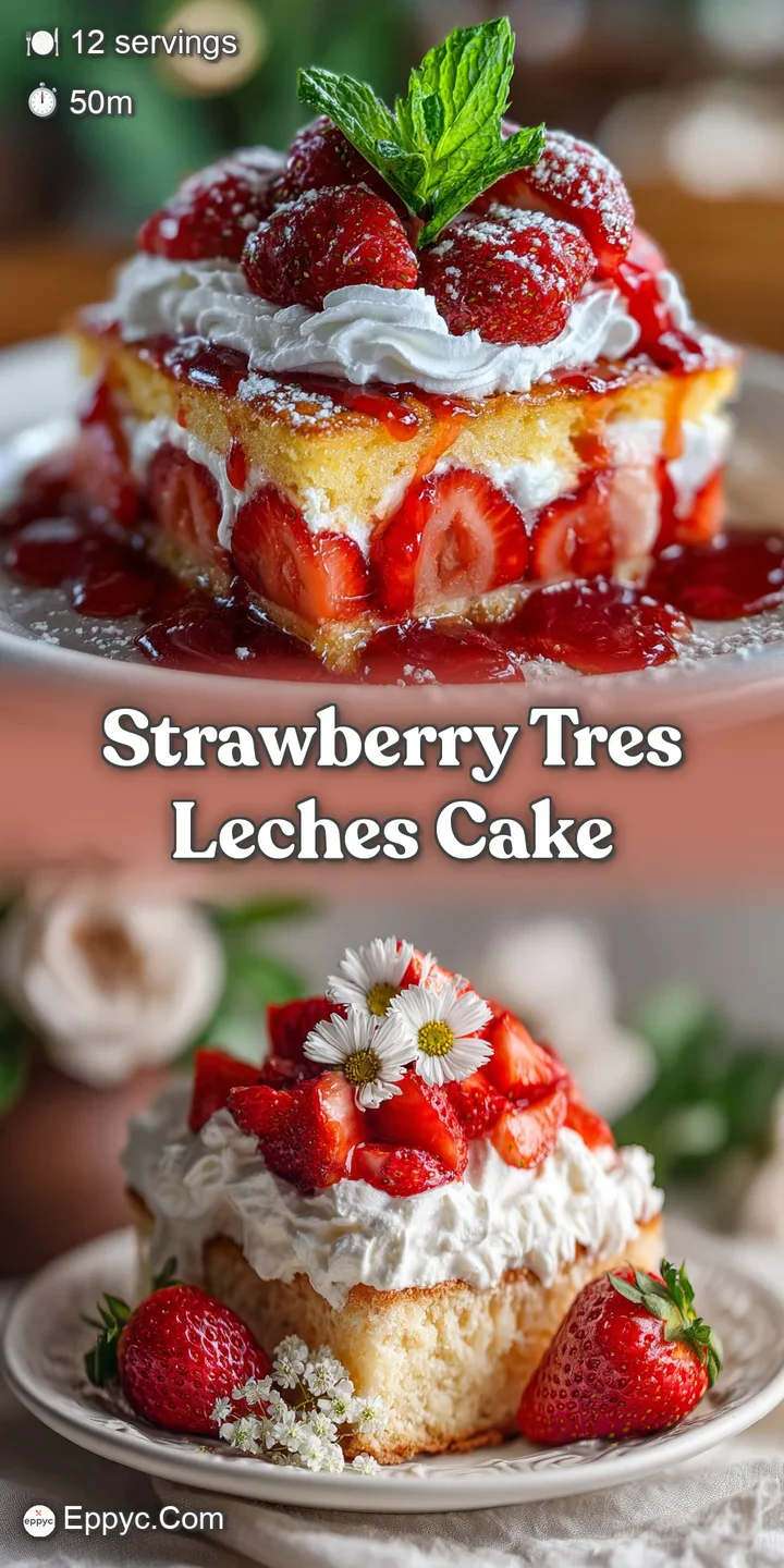 Close-up: juicy red strawberries contrast with the snowy whipped topping of a moist, airy cake soaking in creamy milk, rea...