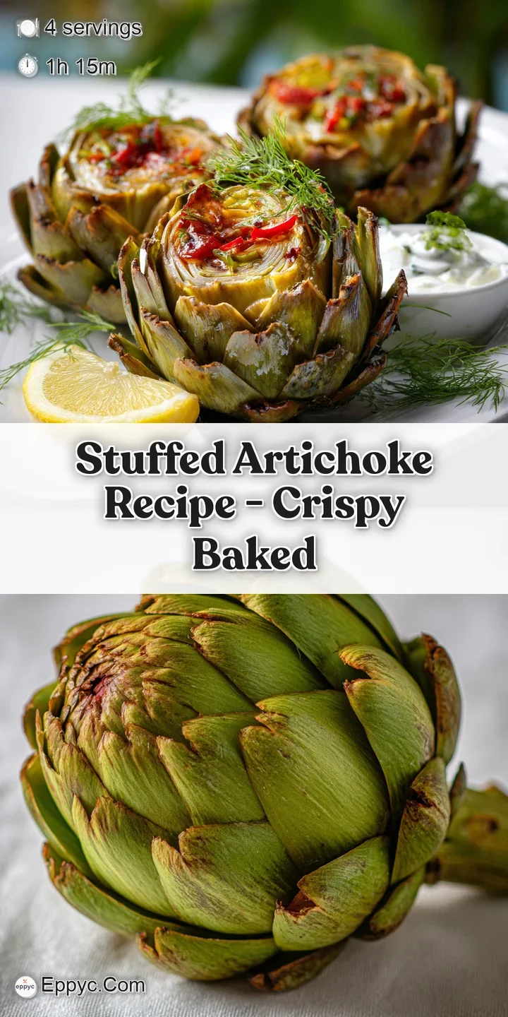 Close-up of a stuffed artichoke reveals crispy, golden breadcrumbs and tender leaves. It is stuffed with herbs and savory ...