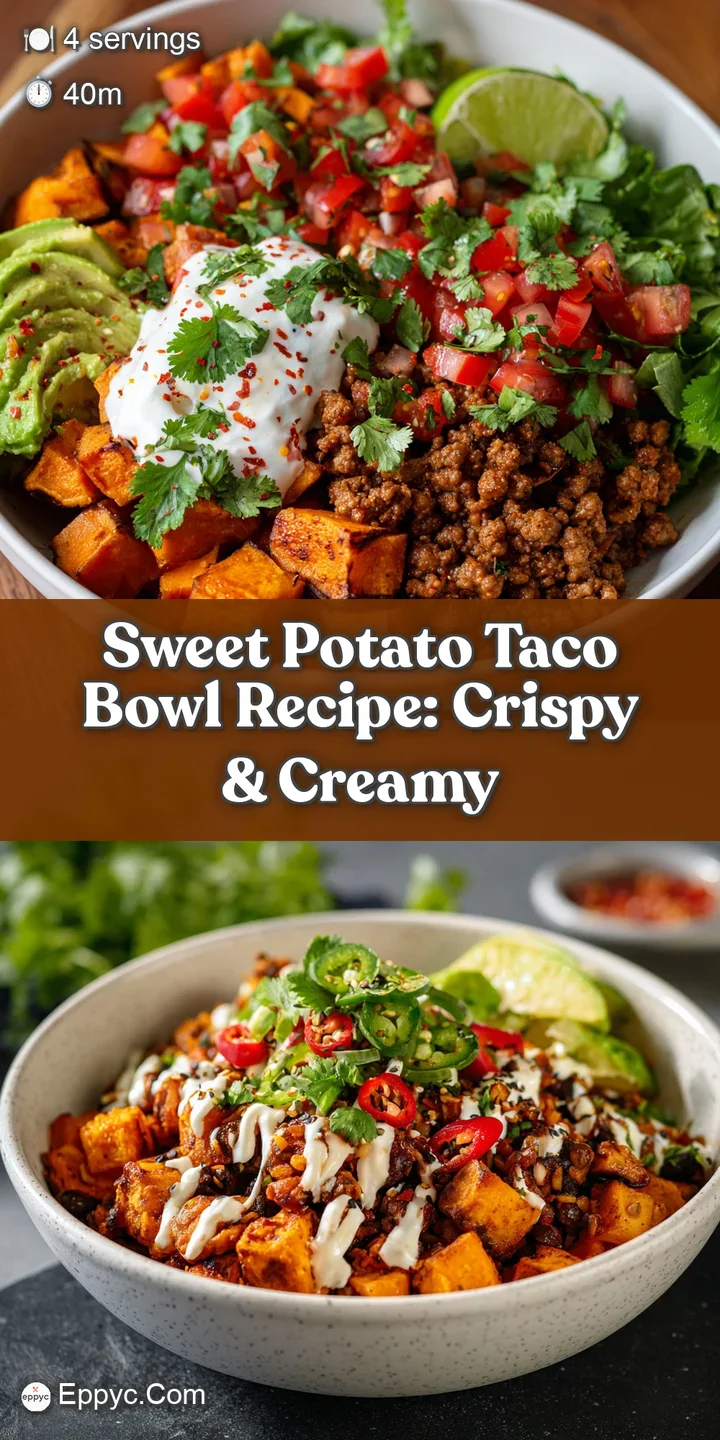 Close-up of a taco bowl reveals soft sweet potato chunks, juicy black beans, and a tangy white sauce. A delicious & health...