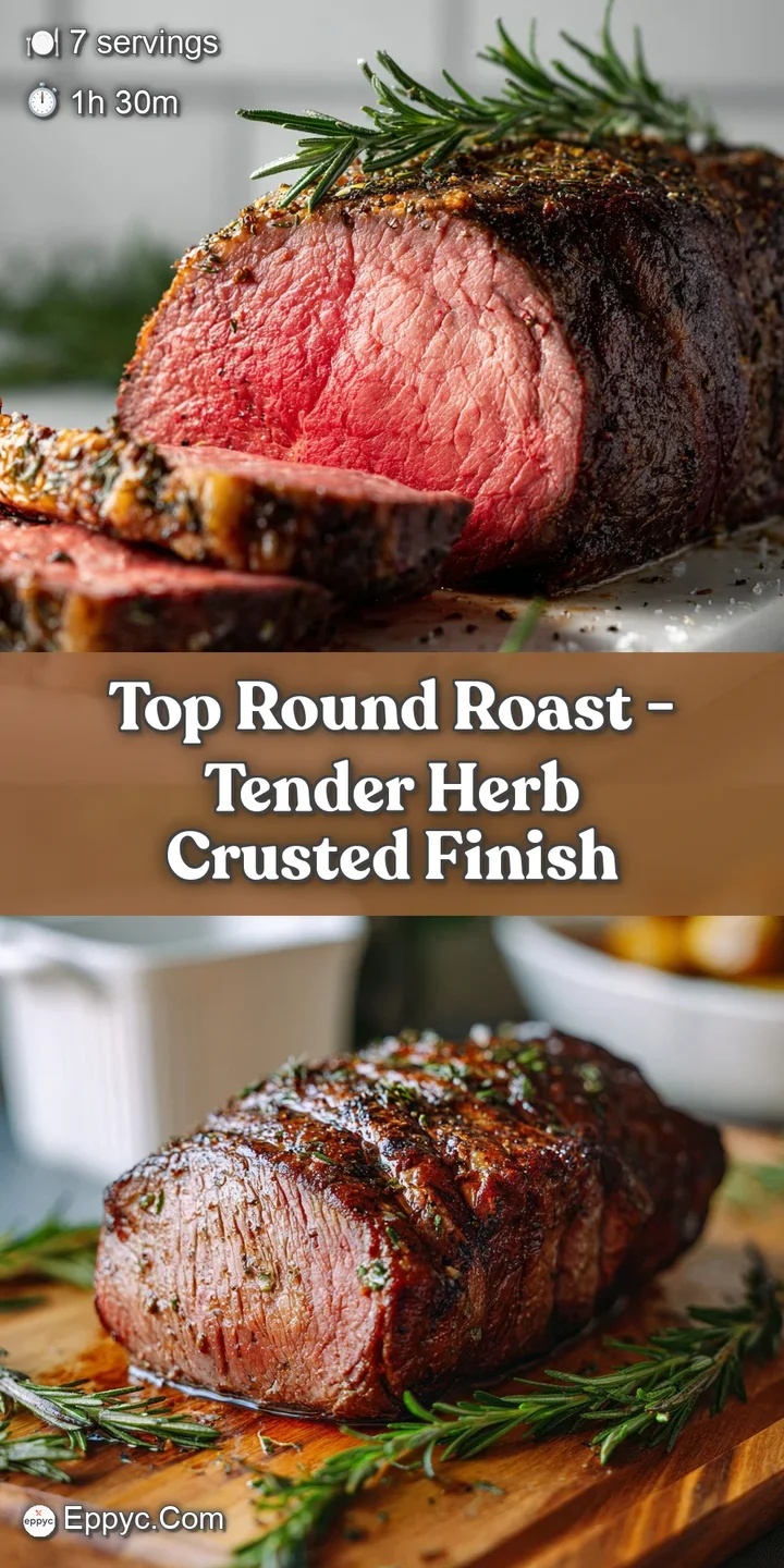 Close-up of perfectly roasted beef: Aromatic herb crust contrasts with the tender, rosy pink meat, glistening with savory ...