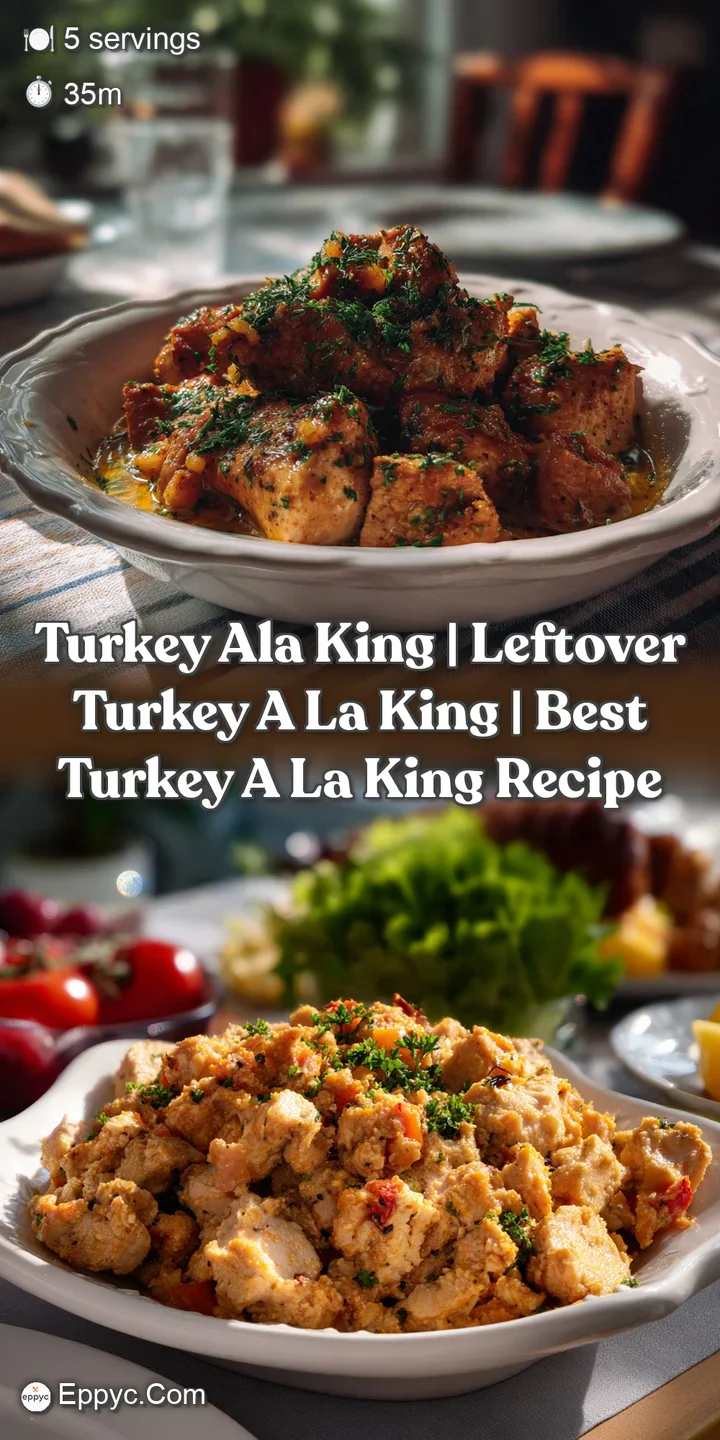 Close-up reveals the glossy, sherry-infused sauce clinging to the turkey and vegetables, promising a rich, velvety texture...