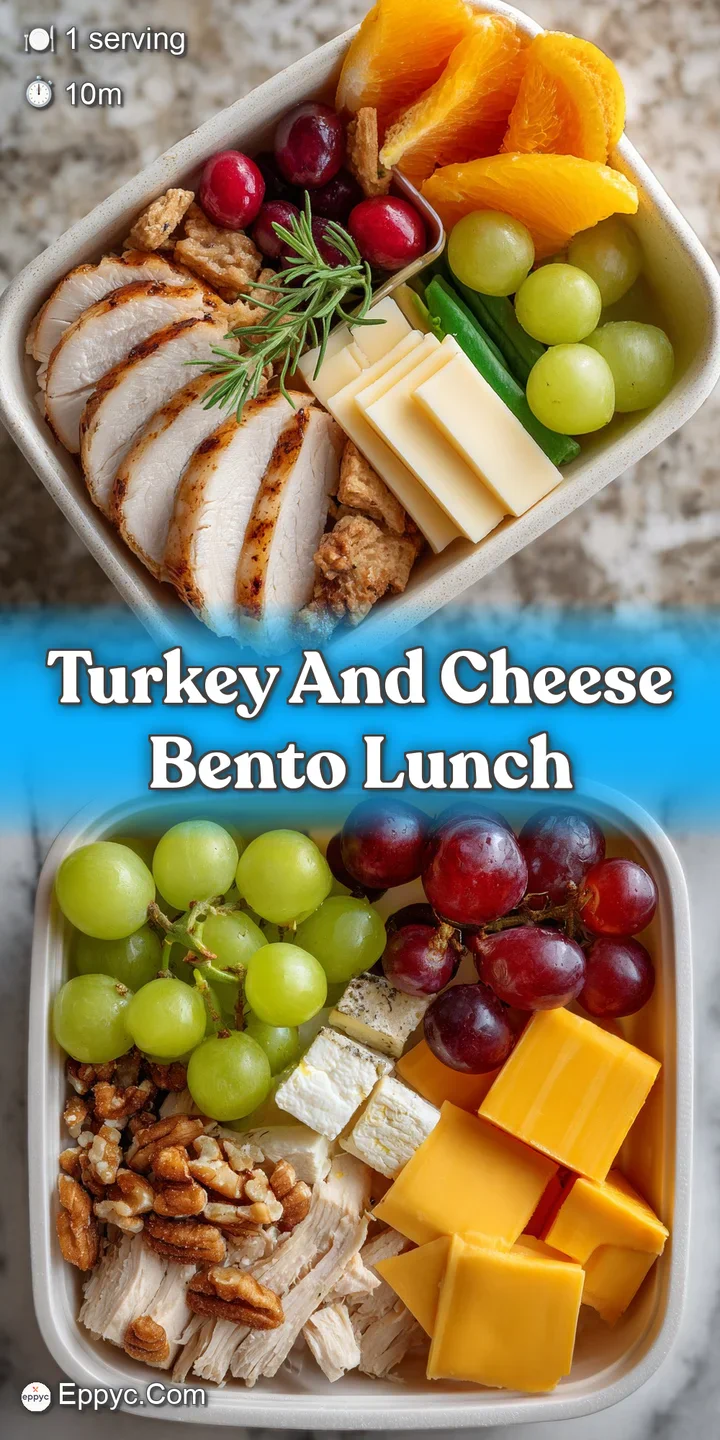 Close-up of a bento box: Savory turkey and cheddar roll, plump grapes, and golden crackers create an appealing lunch.