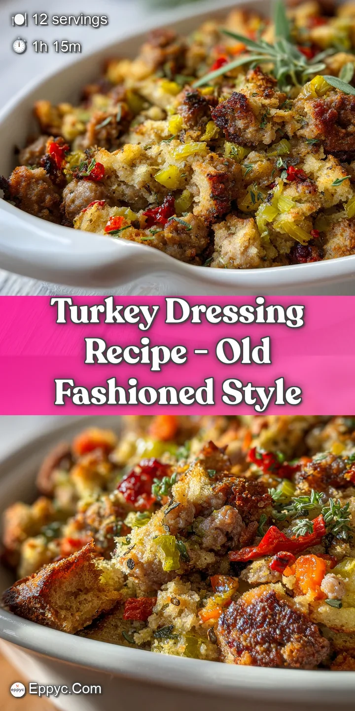 Close-up of golden baked sourdough stuffing, highlighting the crispy edges and soft, herb-flecked interior with visible sa...