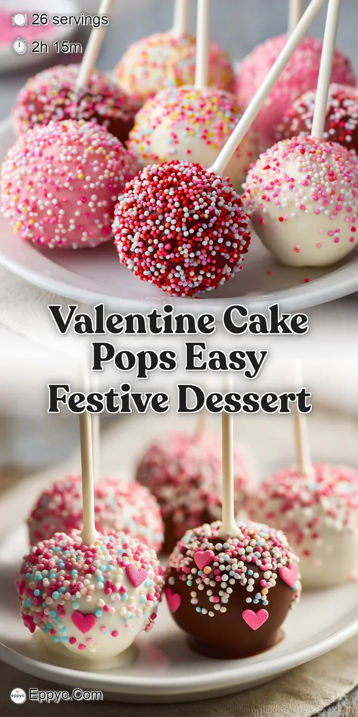 Close-up reveals a glossy pink cake pop covered in colorful sprinkles; the coating appears smooth with a playful, festive ...