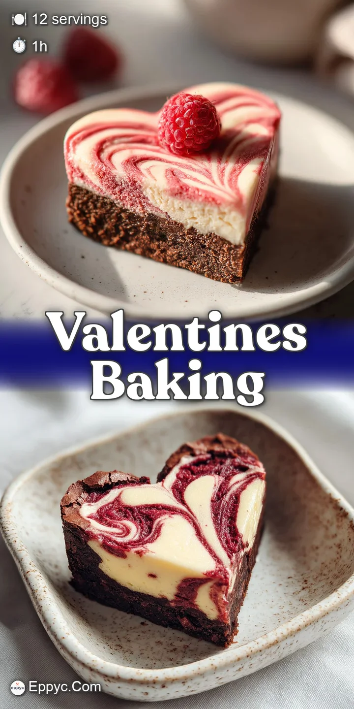 Close-up: Heart brownie swirls of rich chocolate, creamy cheesecake, and raspberry. Cocoa powder dusting creates soft text...