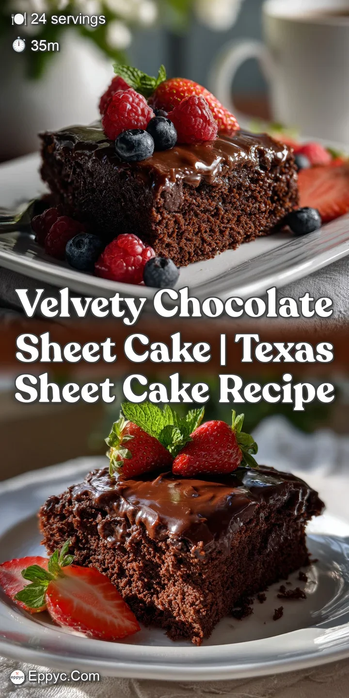 Close-up of a chocolate sheet cake slice, showcasing a moist interior and a luscious, smooth chocolate frosting that is ir...