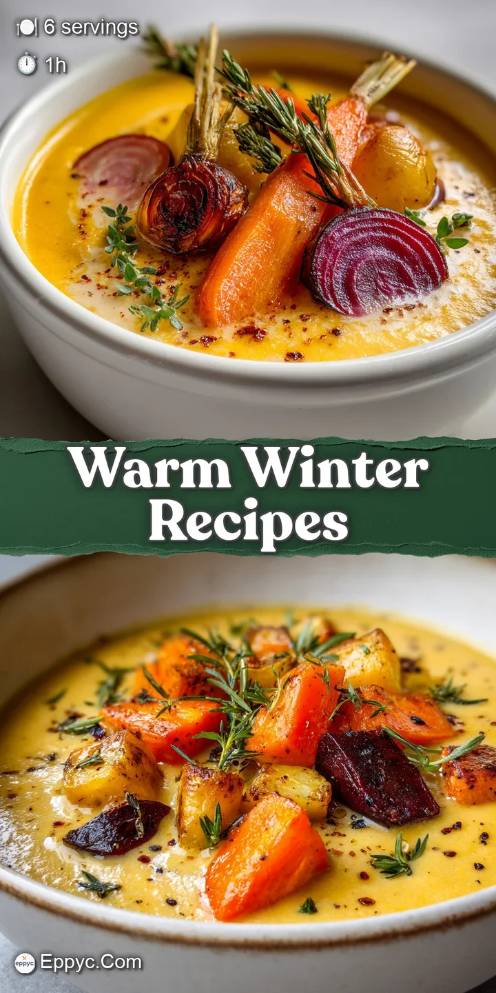 Close-up of hearty winter soup; roasted root vegetables shimmer in a rich broth, dotted with vibrant green herbs.