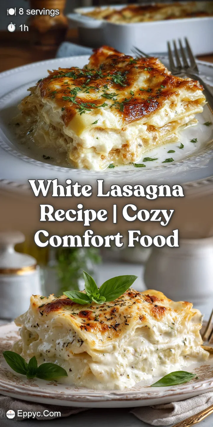 Close-up of warm, cheesy white lasagna, revealing layers of pasta, creamy sauce, and melted mozzarella with slight browning.