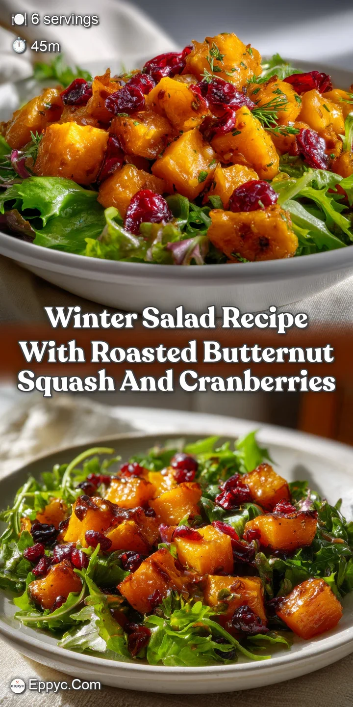 Close-up of a warm, inviting salad. Buttery squash, plump cranberries, and a scattering of nuts, showcasing the textures a...