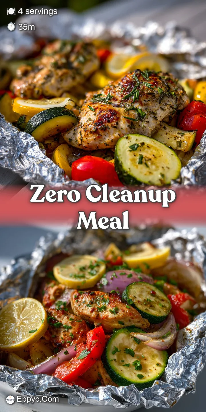 Close-up shot reveals the glistening, caramelized surface of diced vegetables and juicy chunks of meat in a foil packet.