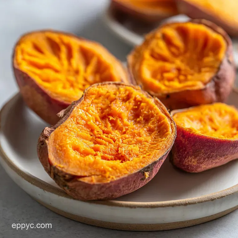 Elegant serving of air-fried sweet potato with herbs. Orange wedges glisten, hinting at a soft interior.