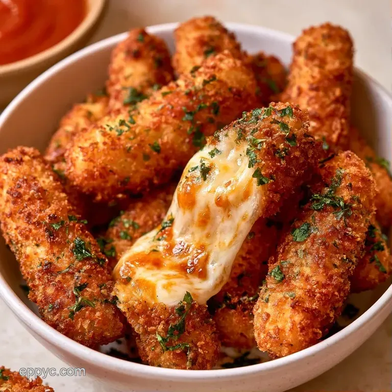 Golden-brown cheese batons stacked on a slate board next to a ramekin of red sauce and a sprig of fresh parsley.