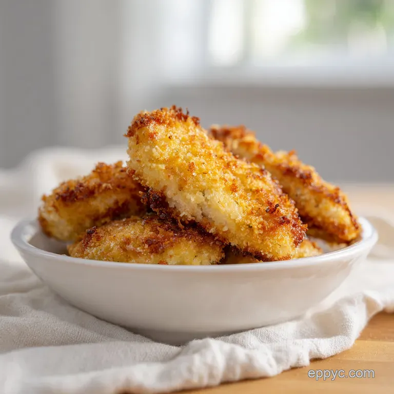 Crispy golden-brown chicken fillets arranged neatly on a slate board with fresh lemon slices and herb garnish.