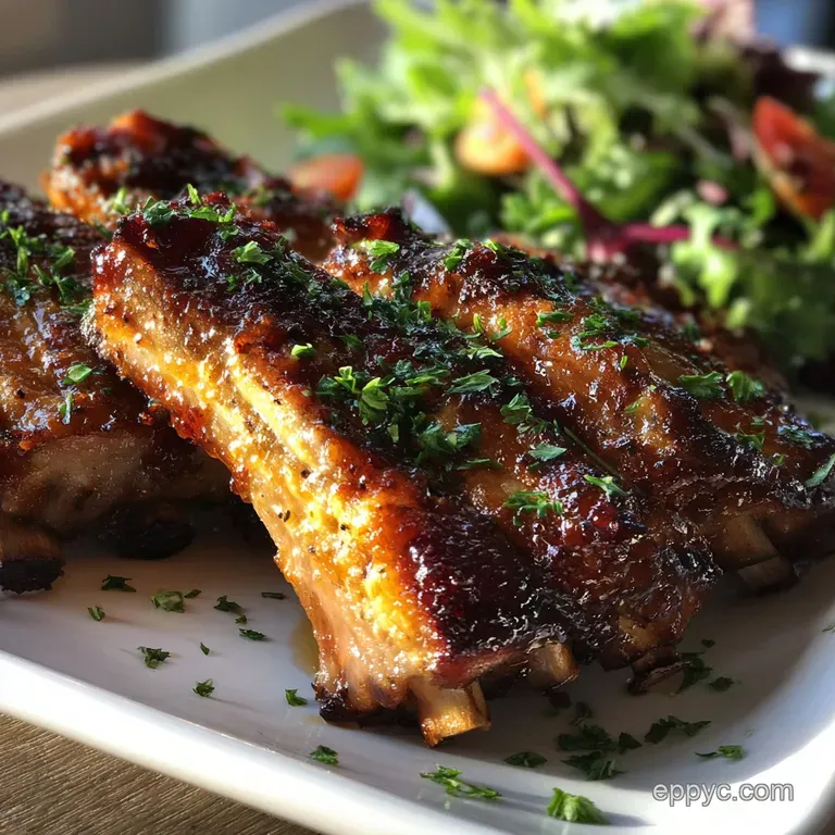 A single air fryer rib, beautifully glazed and glistening, resting on creamy mashed potatoes with a sprinkle of fresh herb...