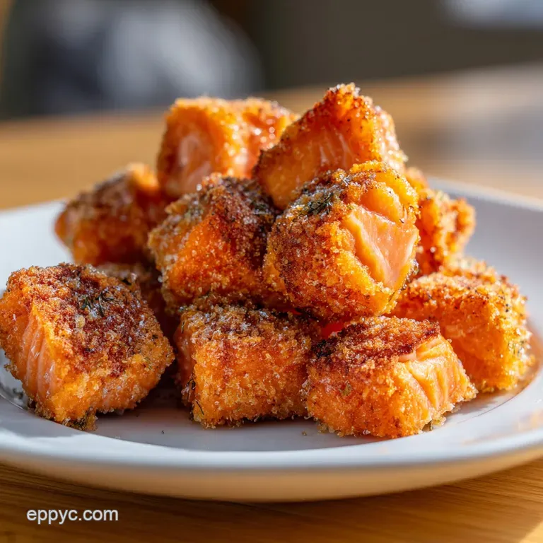 Glossy salmon pieces artfully arranged on a white plate, paired with vibrant green herbs and a creamy dipping sauce.