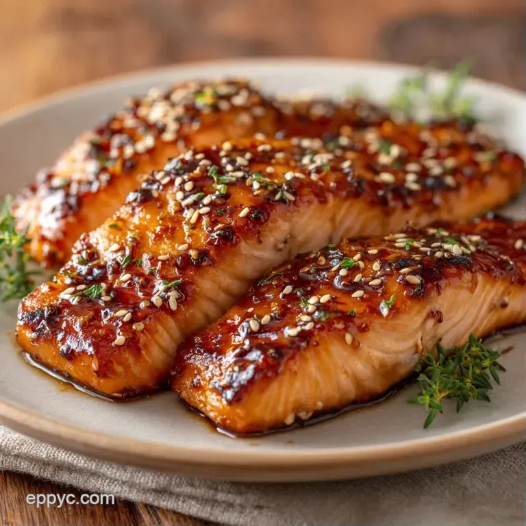 Two glazed pink salmon fillets paired with steamed bok choy and a sprinkle of sesame seeds on a slate plate.