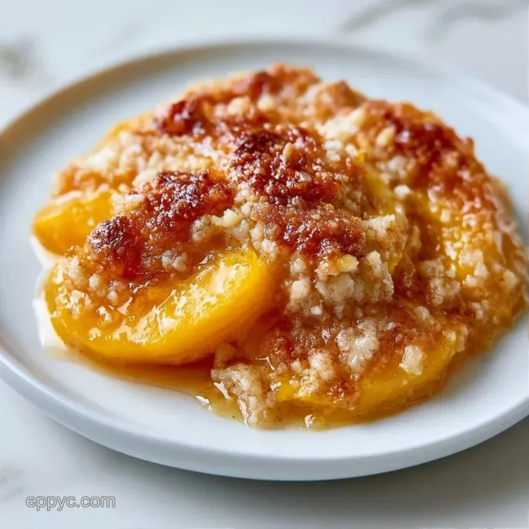 A slice of golden fruit crisp on a white ceramic plate, topped with a melting scoop of creamy vanilla bean ice cream.
