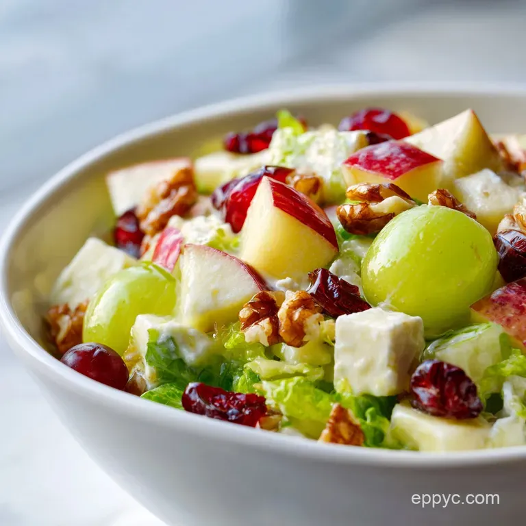 Elegant Waldorf salad on lettuce leaves, garnished with a sprinkle of walnuts and a sprig of parsley. Cool, crisp, and inv...