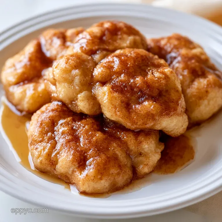 Golden-brown pastry dessert on a white plate with a drizzle of amber syrup and a side of vanilla ice cream.