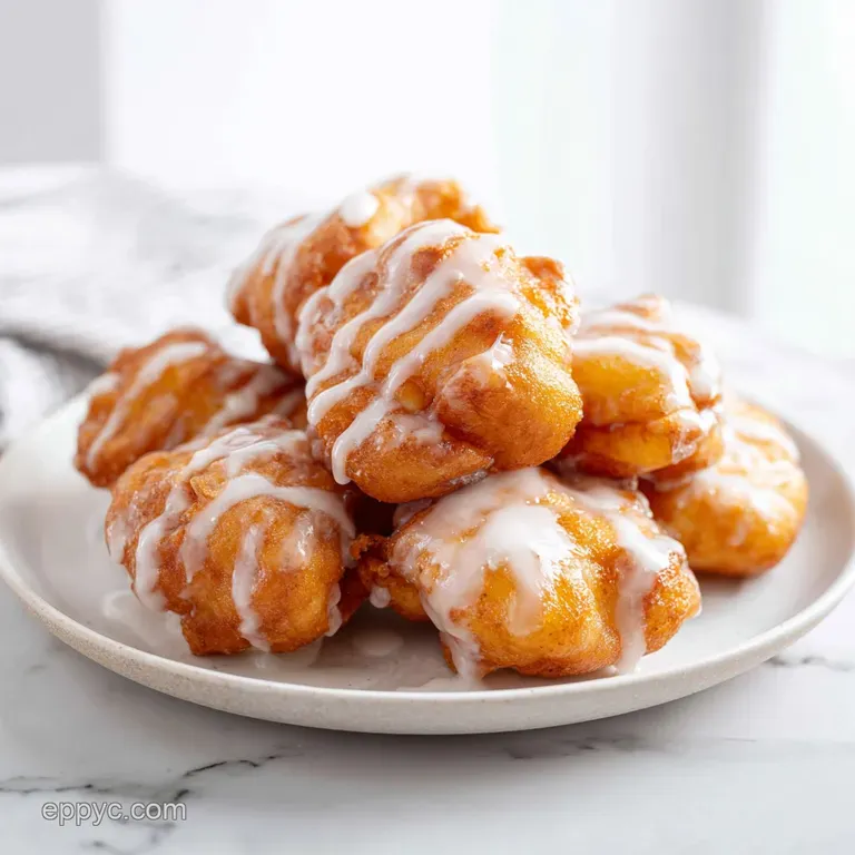 Small, crisp fried dough balls piled high on a white plate, drizzled with glossy icing and a sprig of mint