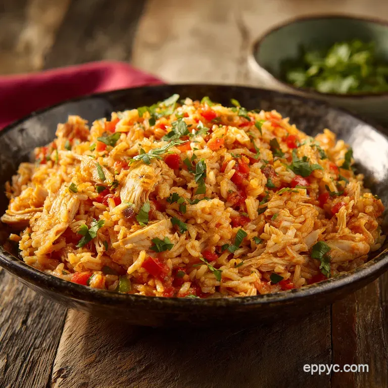 A serving of tender chicken and rice, garnished with bright green scallions, steaming gently on a clean white plate.