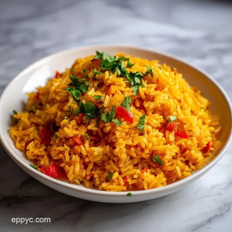 A spoonful of glistening Spanish rice cascading onto a white plate. Garnished with fresh parsley, inviting aroma implied.